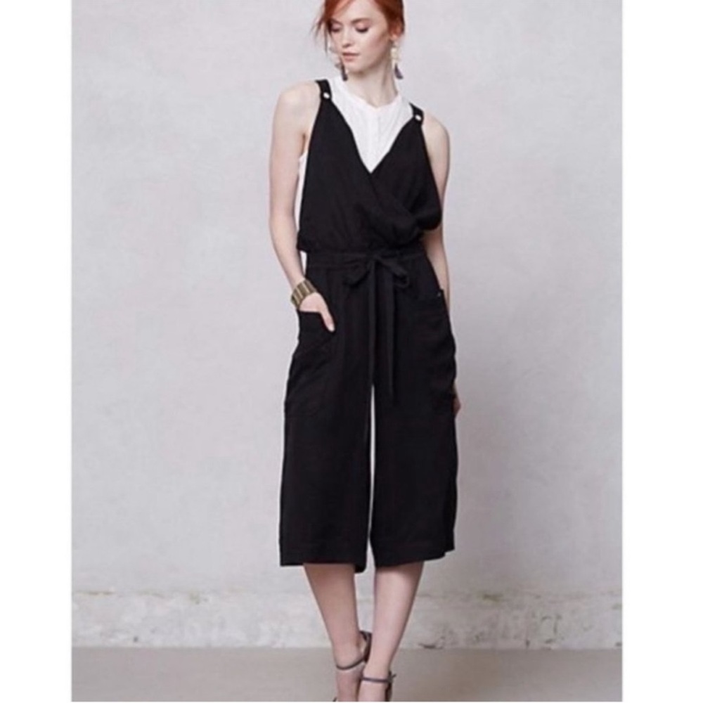 Elevenses Anthropologie Utility Black Wide Leg Crop Tencel Jumpsuit Womens 8